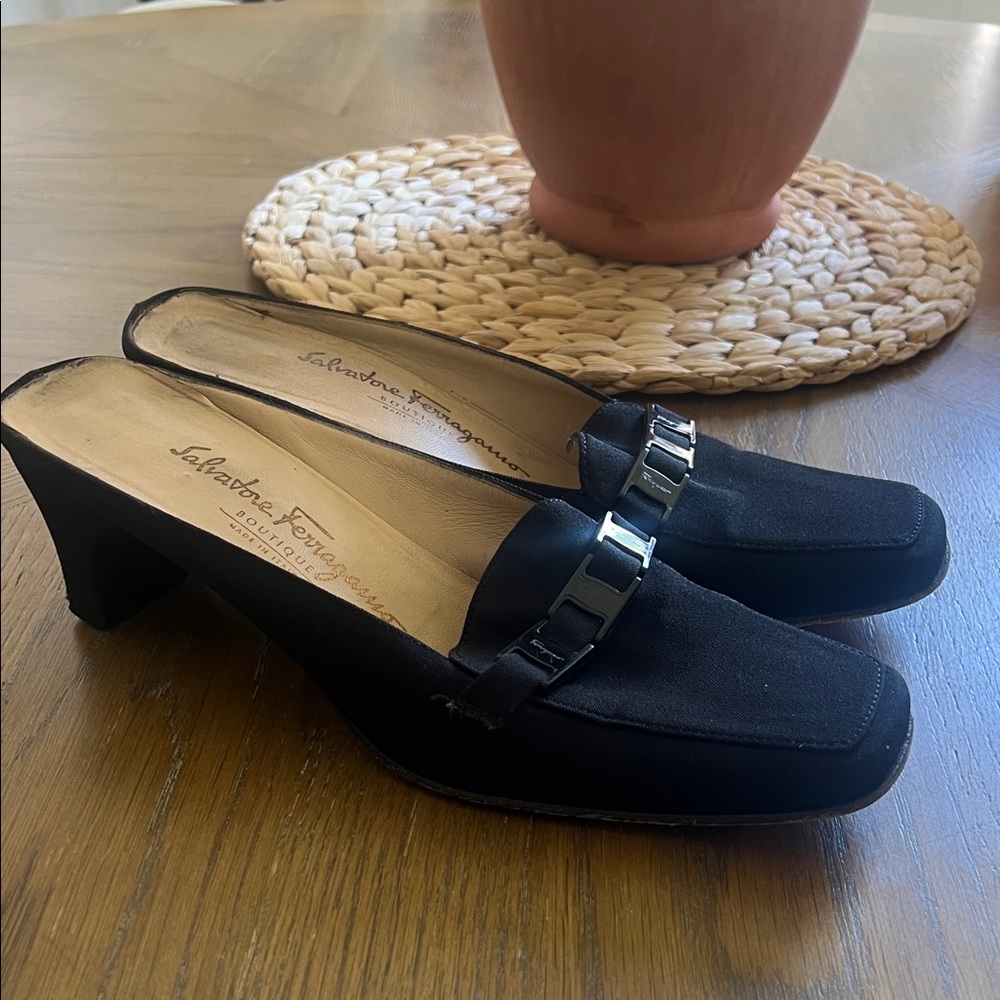 Salvatore Ferragamo Black  Block Heel Mules with Metal Bit